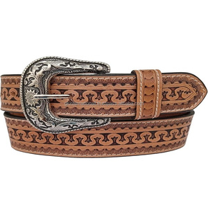 Cinturón de piel con grabado floral marrón vintage occidental unisex al por mayor para hombres y mujeres con hebilla antigua de diseñador - Product Image 3