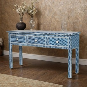 Table console moderne bleue géométrique avec incrustations en os, écologique, trois tiroirs, meuble de rangement pour entrée, pièce décorative d'appoint - Product Image 5