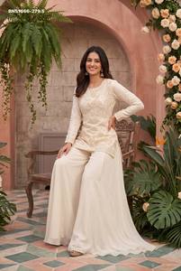 Premium Collection Chinon with <b>Beads</b> work Readymade Short-Length Straight Suit-Flared Solid Plazzo-Dupatta Set Indian Supplier - Product Image 3