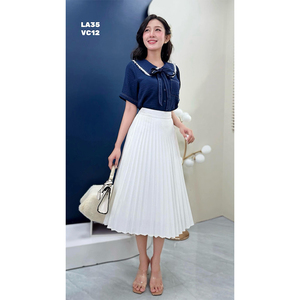 Camisa vaquera de manga corta para mujer al por mayor con cuello marinero en capas y lazo, top casual de oficina de color liso, fabricante ODM de Vietnam - Product Image 3