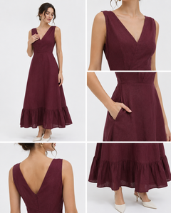 Burgundy Cotton-Linen V-Neck Maxi <b>Dress</b> | Sleeveless <b>Ruffle</b> Hem Long <b>Dress</b> with Pockets, Casual Summer & Resort Wear - Product Image 6