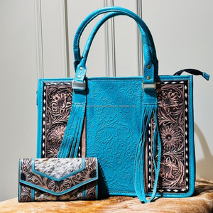 Bolso grande turquesa de cuero repujado a mano más vendido y conjuntos combinados de billetera de cuero con pelo occidental para mujer - Product Image 2
