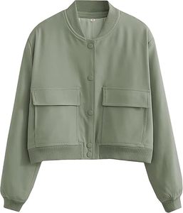 Chaqueta Bomber Corta Verde Oliva para Mujer con Bolsillos de Parche, Cierre de Botones, Estilo Casual, Manga Larga, Cuello Alto - Product Image 1