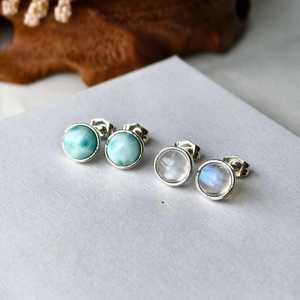 925 Sterling <b>Silver</b> Round Gemstone <b>Stud</b> Earrings Larimar Moonstone Earrings Women Jewelry Christmas Gift For Her - Product Image 1