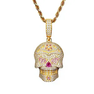Pendentif Crâne Hip Hop en Argent 925 Plaqué Or 14K/18K avec Diamants de Laboratoire et Strass Roses pour Cadeau Unisexe - Product Image 2