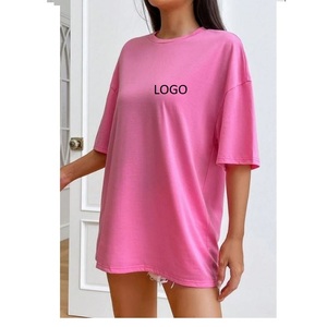 เสื้อยืดคอกลมสีชมพูทรงโอเวอร์ไซส์สำหรับผู้หญิง ทรงหลวม แขนสั้น สีพื้น พิมพ์ลายโลโก้ สวมใส่สบายๆ สำหรับฤดูใบไม้ผลิและฤดูร้อน ผ้าเจอร์ซีย์ - Product Image 4