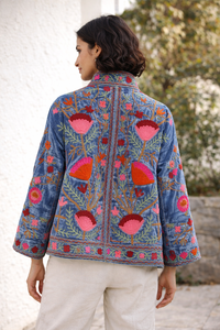 Hot Blue Embroidery Winter Knitted Cotton Velvet Bomber <b>Jacket</b> Floral Suzani Reversible Outerwear Satin <b>Mandarin</b> <b>Collar</b> Quilted - Product Image 3