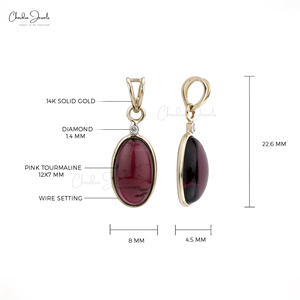 Popular Supplier Natural 12x7mm Oval Cabochon Pink Tourmaline & Diamond Accent Pendant in 14k Yellow Gold Wholesale Pendant - Product Image 2