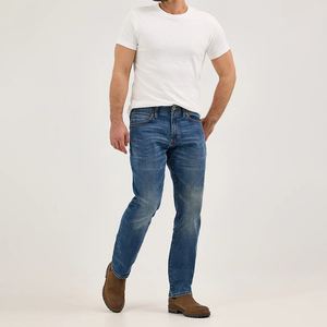 Jeans casuales para hombre, lavado claro, con parche de cuero personalizado, corte recto, ajuste holgado, pantalones de mezclilla de pierna ancha, tallas y logotipo personalizados - Product Image 1
