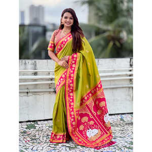 Sari indien et pakistanais traditionnel en soie douce verte Mehendi Elite Weaves Pichwai, tissé avec des fils Zari, 600g - Product Image 6