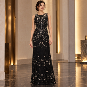 Floral Sequin Black Evening Dress Round Neck Sleeveless | 3D Embellished <b>Floor</b> <b>Length</b> Column Silhouette Formal Party Sheath <b>Gown</b> - Product Image 2