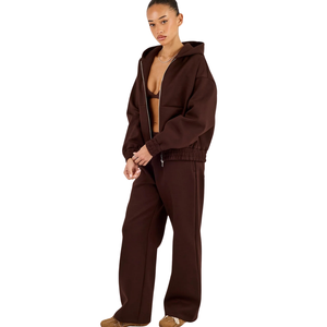 Ensemble de survêtement à capuche zippé pour femme, haut à manches longues et pantalon droit à taille élastique, tenue décontractée deux pièces - Product Image 4