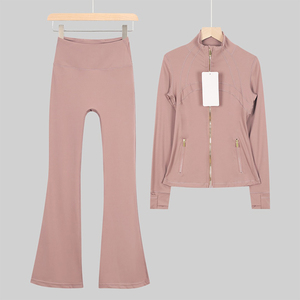 Ensemble de survêtement rose pour femmes, veste à fermeture éclair à manches longues avec poches latérales, pantalon évasé, style sportif décontracté pour le printemps - Product Image 4