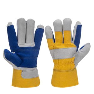 Guantes de Trabajo de Cuero Dividido Azul y Blanco con Doble Palma, Refuerzo en Pulgar, Índice y Dedo Pequeño, Dorso de Algodón y Puño de Seguridad Duradero - Product Image 1