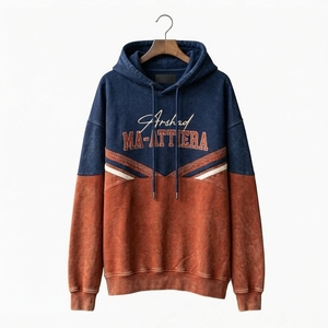 <b>Men</b> Two Tone <b>Navy</b> Rust Hoodie Pullover Streetwear <b>Fleece</b> Sweatshirt Decorative Stripe Rhinestone Detail Custom Wholesale - Product Image 2