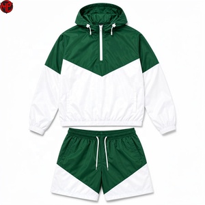 Ensemble survêtement coupe-vent color block avec veste à capuche zippée et short, tenue de sport légère, vêtements de course, ensemble short en nylon - Product Image 1