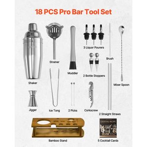 Juego de Coctelería de Acero Inoxidable de 18 Piezas, Herramientas de Bar con Soporte de Bambú, Kit de Bartender para Martini, Accesorios que Incluyen Cuchara Mezcladora - Product Image 2