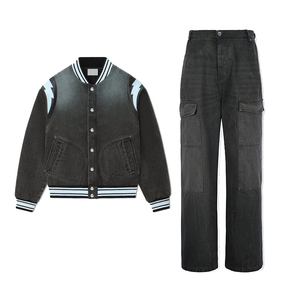 JAYCAN SPORTS Unisex Streetwear Bomber Jacket Set Black Denim Cargo <b>Pants</b> Color Blocking Full Sleeve Autumn Wear Regular Fit - Product Image 1