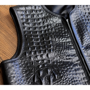 Gilet de motard en cuir véritable de vachette gaufré crocodile pour homme, fermeture éclair avant, noir, luxe, pour la moto - Product Image 4