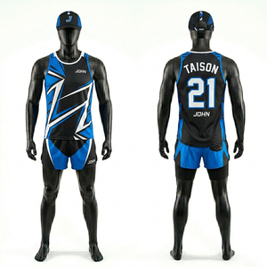 ชุดวิ่งกีฬาผู้ชาย ผ้าโพลีเอสเตอร์แห้งเร็ว 165 GSM สีดำ แถบข้างสีน้ำเงิน โลโก้แบบซับลิเมชั่นสั่งทำพิเศษ - Product Image 1