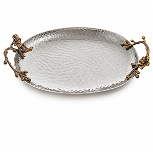 Plateau de service décoratif en acier inoxydable martelé avec poignées florales en laiton antique motif cerisier – Qualité supérieure - Product Image 1