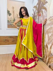 Conjunto de Lehenga de Seda Amarillo y Rosa para Mujer con Encaje Elegante y Dupatta, Traje Tradicional Indio para Bodas y Fiestas, Largo hasta el Suelo, Corte Regular, Protección Solar - Product Image 3