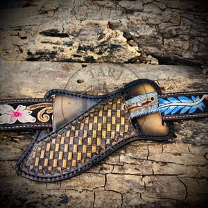 Couteau de chasse et de camping à lame fixe en acier Damas, manche en résine, forme de lame Drop Point, qualité industrielle, garantie 3 ans, étui en cuir - Product Image 5