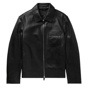 Veste moto en cuir véritable noir pour homme, col rabattu, fermeture éclair, coupe classique, pour l'automne - Product Image 1