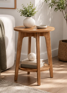Mid Century Modern Solid Wood <b>Round</b> <b>Side</b> <b>Table</b> 2 Tier Storage Shelf Splayed Leg Coffee Stand Living Room Furniture Wholesale - Product Image 3