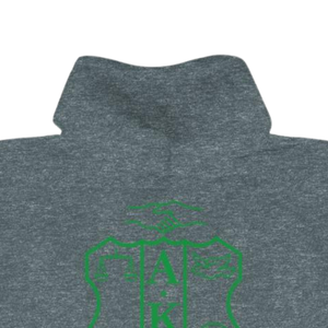 Sudadera con Capucha AKA Crest World Famous, Color Gris Carbón Jaspeado con Bordado Verde, Prenda Griega Personalizada - Product Image 4