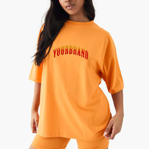 Top Trending Oversized Women's Crew Neck T-<b>Shirt</b> Orange Short Sleeve Loose Fit 100% Cotton Jersey <b>Flame</b> Logo Print Spring Summer - Product Image 1