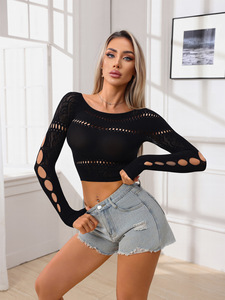 Top de punto negro con un hombro descubierto para <span class=keywords><strong>mujer</strong></span>, suéter corto de manga larga ajustado, ropa de moda para discoteca, venta al por mayor de verano - Product Image 4