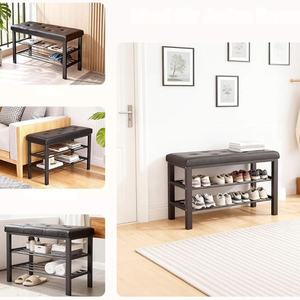 Modern Metal <b>Shoe</b> Rack <b>Bench</b> with 2-Tier Storage, Tufted Padded Seating for Entryway, Bedroom, Closet, Hallway or a Living Room - Product Image 4
