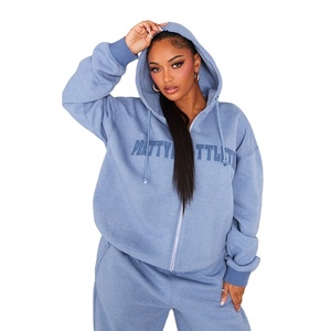 Sweat à capuche zippé personnalisé pour femme, en molleton épais 100 % coton, avec impression en relief, coupe ample, automne-hiver, haute qualité - Product Image 1