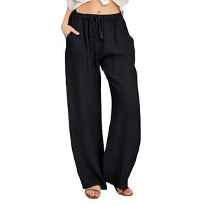 Pantalon large pour femme, taille haute, cordon de serrage, en lin et coton, coupe ample, couleur unie, décontracté, été, longueur entière, avec poches - Product Image 6