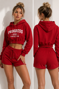 Women Plus Size Printed Crop Hoodie Drawstring Waist Shorts <b>Set</b> Winter Eco-Friendly Breathable Windproof French Terry Gym Wear - Product Image 4