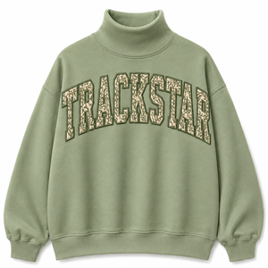 Custom Trackstar Flame Pattern Letter Applique Women's Oversized Mock Neck Cotton Fleece Sweatshirt - Product Image 1