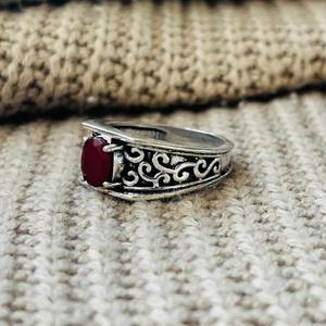 Boho <b>Garnet</b> Filigree Pattern Brass <b>Ring</b> Oxidized <b>Silver</b> Plated Vintage Wholesale <b>Ring</b> For Women - Product Image 3