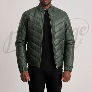 Chaqueta de cuero acolchada verde bosque para hombre, diseño en V, cuello alto, cálida, acolchada, corte ajustado, estilo motero - Product Image 6