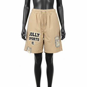 Chaqueta cortavientos para mujer, ligera, de nailon, color beige caqui, con paneles en zigzag, parche de chenilla, logotipo personalizado, pantalones cortos para mujer - Product Image 1