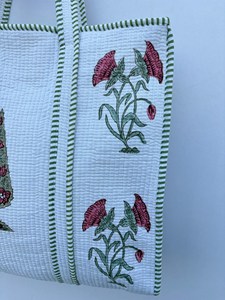 Luxury <b>White</b> Cotton Tote <b>Bag</b> With Floral Print Green Striped Handles Bohemian Style Summer Casual Zipper Shopping Travel Handbag - Product Image 3