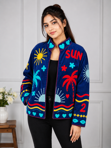 Veste bomber en velours côtelé brodée à la main, col mandarin, manches longues, fermeture éclair, style vacances d'été, veste pour femme - Product Image 3