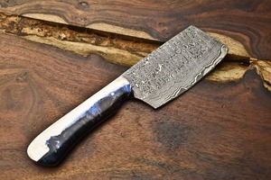 Cuchillo de chef de acero de Damasco, hoja recta, forjado a mano, con mango blanco y negro - Product Image 4