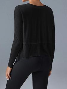Crop top noir pour femme, manches longues, col rond, tricoté en spandex et polyester, coupe ample asymétrique, couleur unie minimaliste, toutes saisons - Product Image 6
