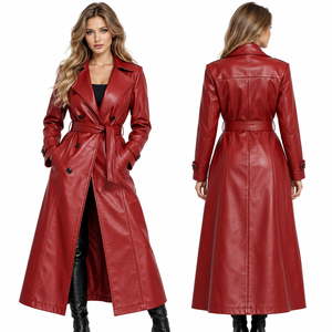 Abrigo largo de cuero para mujer, estilo gabardina, doble botonadura, con cinturón, a prueba de viento, con cuello vuelto - Product Image 1