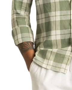 Camisa casual a cuadros verde salvia para hombre, de algodón y poliéster, manga larga, con botones, para venta al por mayor, proveedor OEM de exportación. - Product Image 5