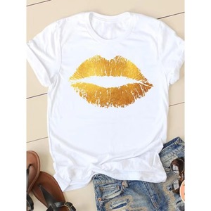 Camiseta blanca para mujer con estampado de labios dorados, cuello redondo, manga corta, informal, top de verano - Product Image 2