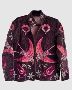 Vintage Boho Embroidered Velvet Suzani Jacket for Women <b>Bird</b> Floral Pattern <b>Stand</b> Collar Loose Fit Ethnic Style Winter Jacket - Product Image 1