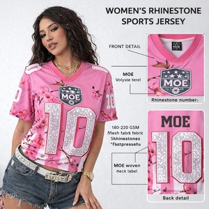 Custom <b>Pink</b> Cherry-Blossoms <b>Women</b>’s Rhinestones Jersey Street fashion Y2k Sparkly Polyester Shirt American Football Jersey OEM - Product Image 2