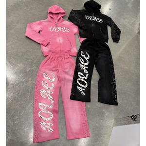 Conjunto de Sudadera con Capucha Oversize Personalizada con Pedrería y Pantalones de Chándal Anchos de Cintura Alta Estilo Vintage con Pedrería para Hombre y Mujer - Product Image 2